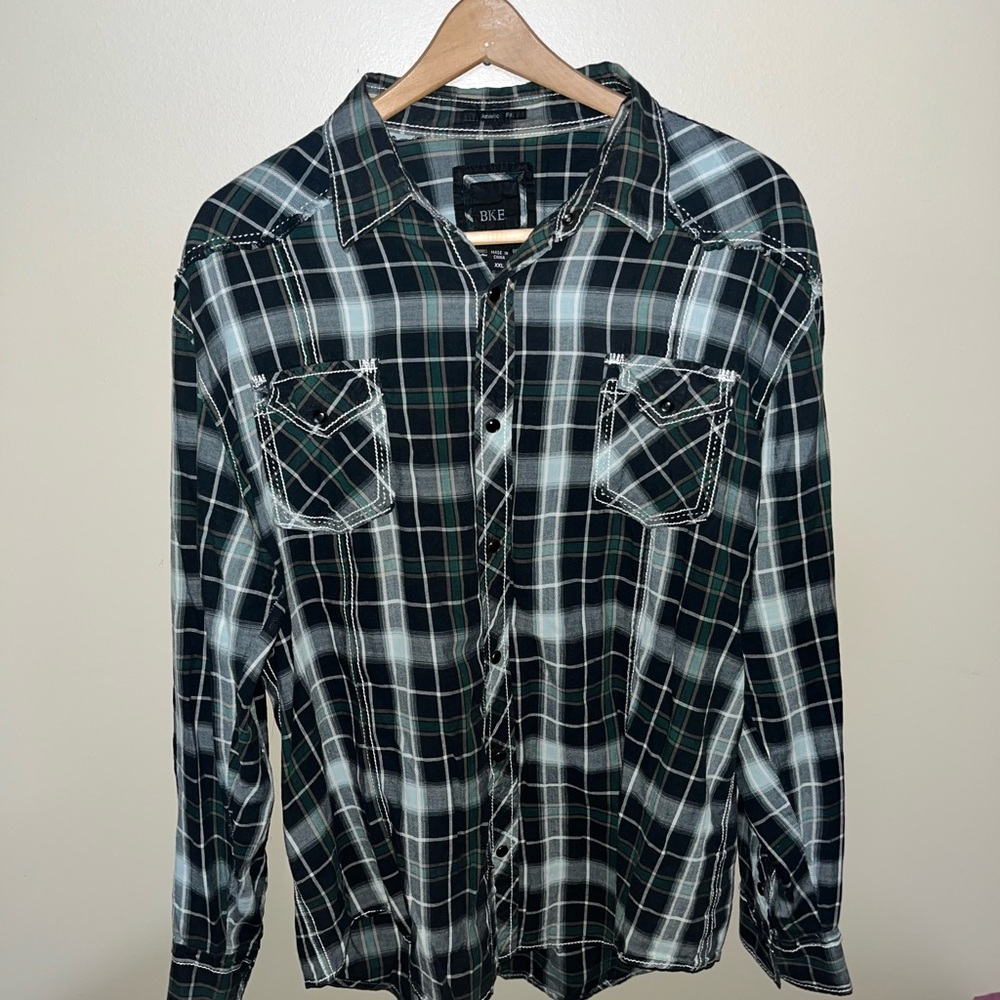 BKE Black and Green Plaid Shirt